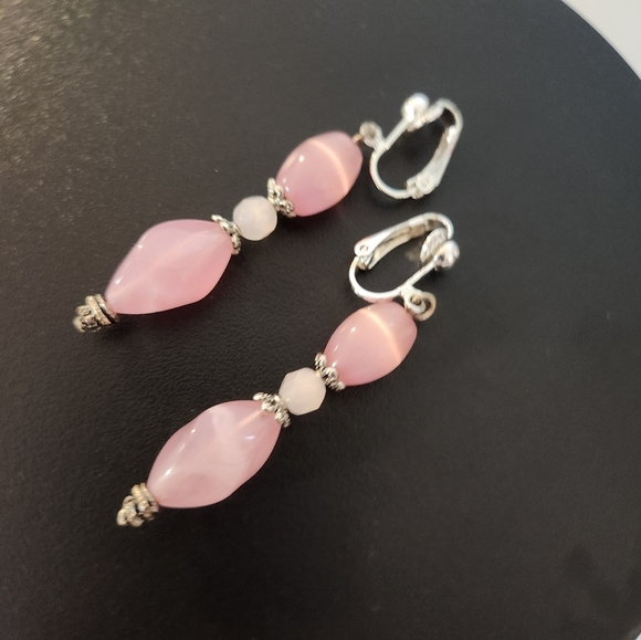 Hand Crafted Clip-on Earrings Pink Dangle Cat's Eye Quartz Beads - Picture 6 of 6